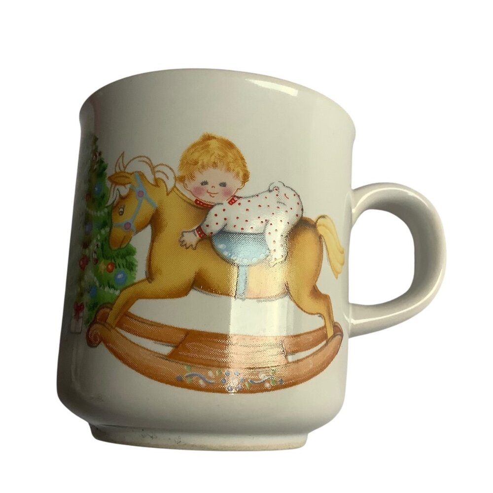 Vtg Babys First Christmas Mug Russ Berrie White Ceramic Rocking Horse & Tree 3”